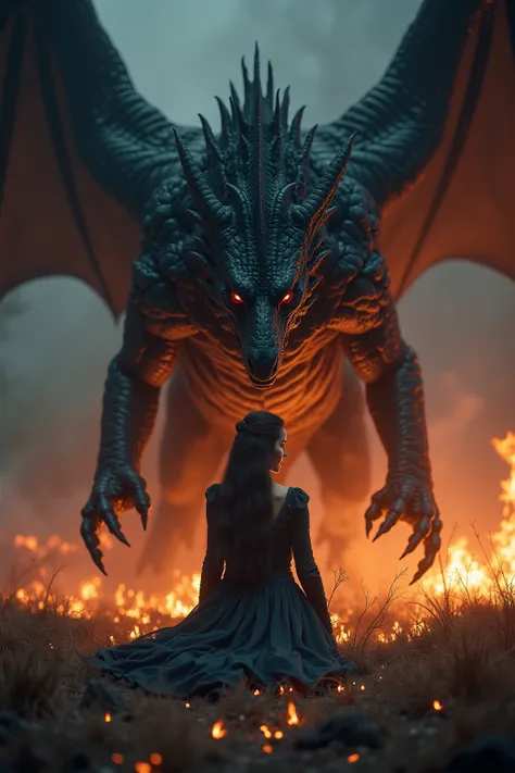 1woman, piercing blue eyes, holding a bleeding heart in her hands, a dead fox next to her, kneeling next to a huge black dragon with its wings open, menacing, surrounded by fire