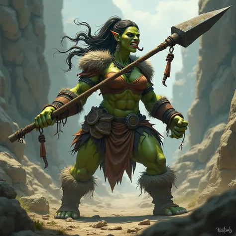 Female orque , green skin, with fangs ,  wearing a double-pointed spear ,  dressed in animal fur clothing,  fangs like the elephant Horne 