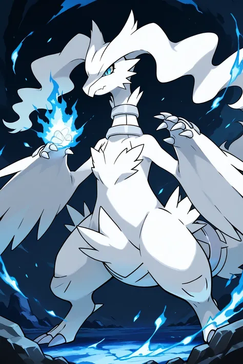 Reshiram,  Pokémon , dragon, Alone,  blue eyes,  detailed eyes , Bottom, blue flames, forehead, imposing, Look firm