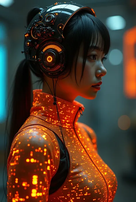 Breathtaking beauty,  A perfect draping composition,  proper placement in office clothes,  golden ratio,  cyberpunk,  original style, 3D Textures,  beautiful Japanese woman , Headgear in the style of futuristic technology machines,  anatomically correct pr...