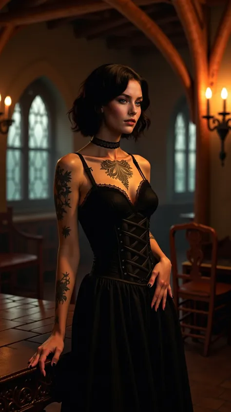 A gothic-inspired woman with short, layered black hair and porcelain-like skin having (hourglass figure:1.4) and perfect medium (E cup:1.4) teardrop shaped breasts, (28 inches waist:1.4), (42–44 inches hips:1.4), (23–24 inches Thigh Circumference:1.4) stan...