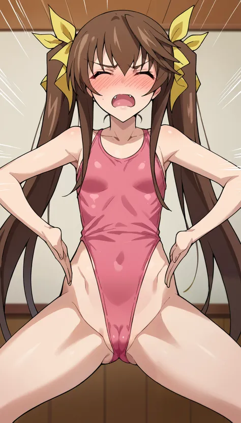 score_9, score_8_up, score_7_up, source_anime,
lingyinhuang, lingyin huang, long hair, brown hair, ribbon, twintails, closed eyes, hair ribbon, fang, open mouth,
small breasted, (pink swimsuit), highlegs:1.7, barelegs, barearms, barebottom:1.5, camel toe:1...