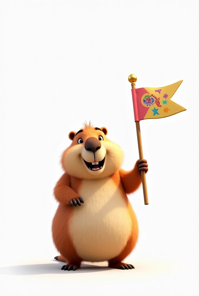 The white background,  an animated capybara, Carrying a flag 