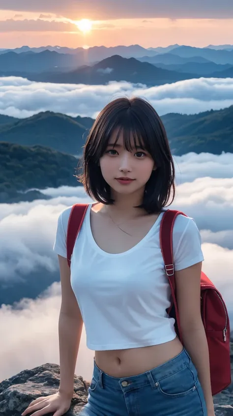  best quality , Masterpiece,  super high definition, ( realistic:1.3),  RAW photo, ( natural landscape photography ), (Magnificent Mountain々Top , Sea of clouds ), ( on a very large mountain ), (sunset), ( One Girl), ( upper body), (20 years old), (smile:0....