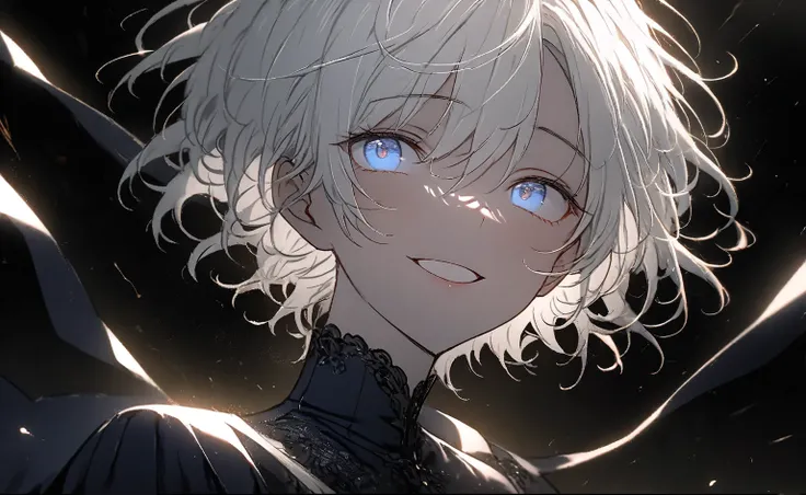 Beautiful boy with gray hair、((((Underexpose Lighting)))))、 Subtle yet dramatic lighting effects ，dark atmosphere、 beautiful and delicate eyes， best quality，Superb product、Black background 。Short white hair。Blurry Blue Eyes 。Illustration depicting a viewpo...