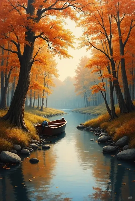 painting of a boat on a river in a wooded area, serene scene, scenery art detailed, in the autumn, nature painting, peaceful scene, a beautiful painting, autumn tranquility, beautiful detailed scene, detailed 4 k oil painting, beautiful painting, in the au...