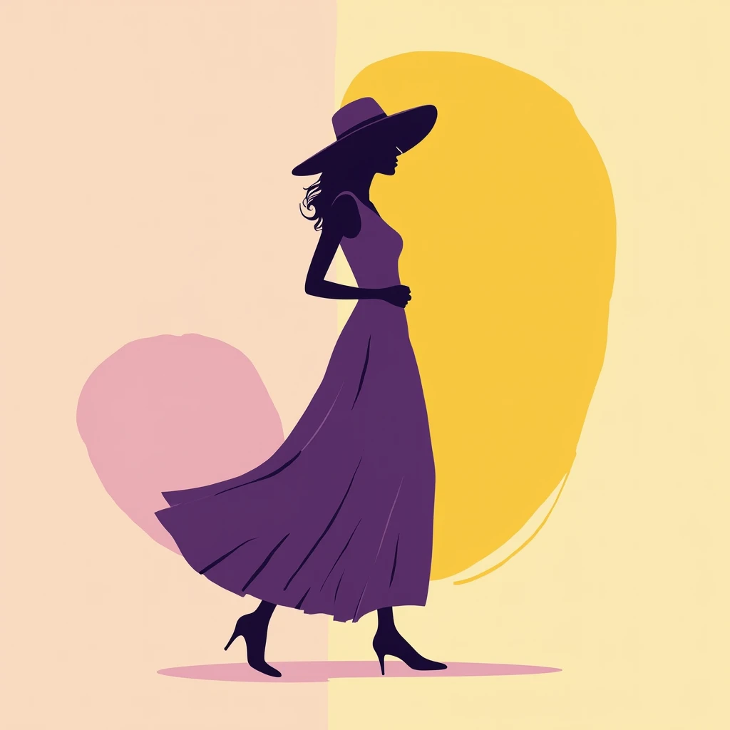 Imagine a simple, stylish silhouette of a woman in a flowing sundress. Her pose is graceful, with a wide-brimmed hat that screams summer vibes, and the whole design has bold, clean shapes. The colors pop, think rich purple and sunny yellow split in a moder...