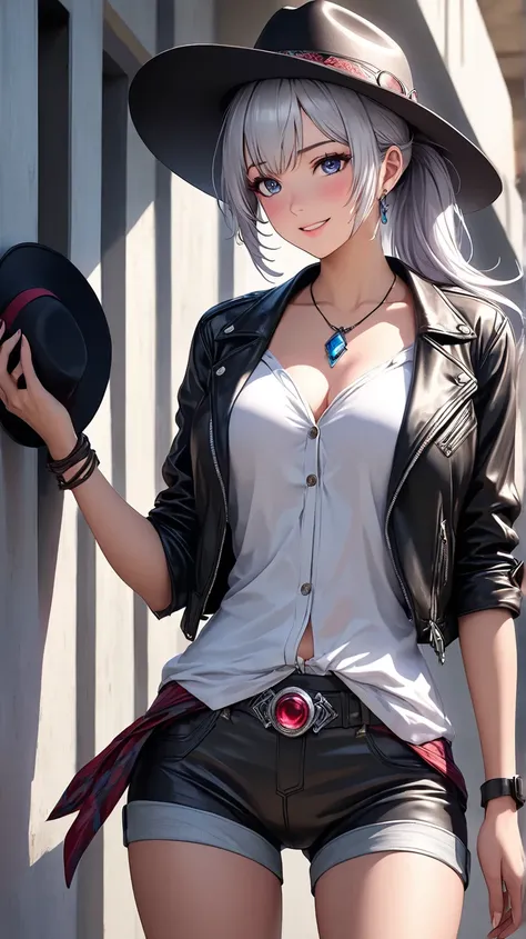 (Score_9, Masterpiece, Top Quality), 1 Girl, (Silver Hair\ Ponytail, Beautiful Jewel-Like Eyes Full of Life and Vibrancy, Cheerful Expression), (Clothing\[Cowboy Hat, Leather Jacket with Rolled-Up Sleeves, White and Black Hot Pants, Realistic and Detailed ...