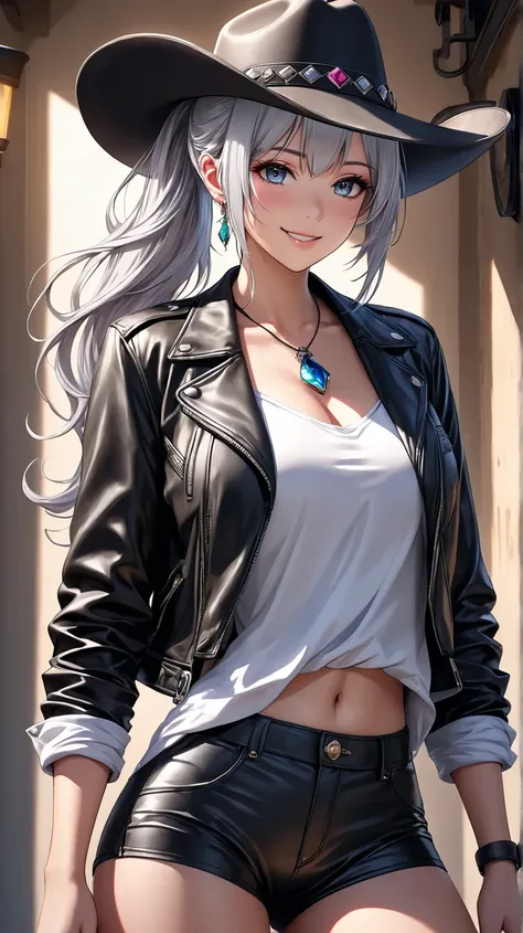 (Score_9, Masterpiece, Top Quality), 1 Girl, (Silver Hair\ Ponytail, Beautiful Jewel-Like Eyes Full of Life and Vibrancy, Cheerful Expression), (Clothing\[Cowboy Hat, Leather Jacket with Rolled-Up Sleeves, White and Black Hot Pants, Realistic and Detailed ...