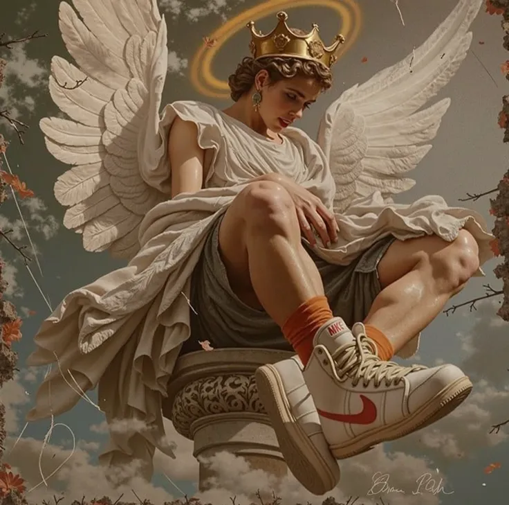 Angel on a pedestal with Nike sneakers