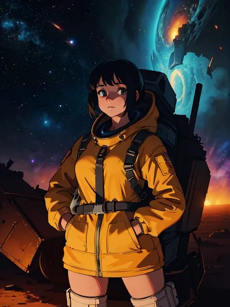 Close-up of a woman in a spacesuit,  standing in front of a destroyed ship , "   full size style,  concept art ,   1girl, Dressed in a spacesuit ,   Short skirt  ,   Awarded masterpiece  ,  made in anime style with oil painting effect  . ( A vivid illustra...