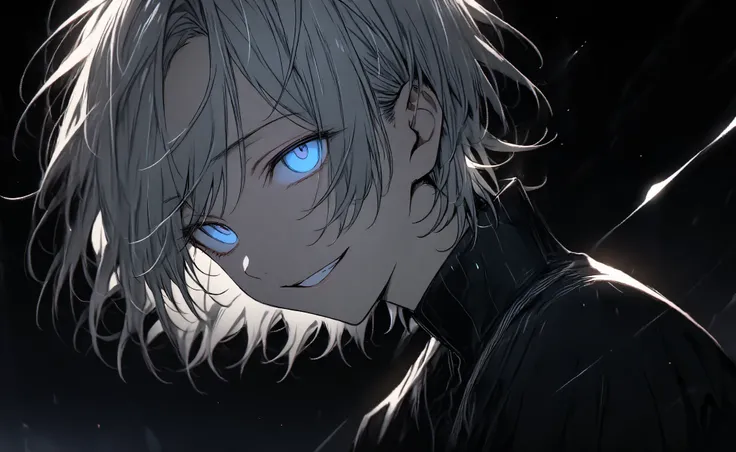 Beautiful boy with gray hair、 bad smile、((((Underexpose Lighting)))))、 Subtle yet dramatic lighting effects ，dark atmosphere、 beautiful and delicate eyes， best quality，Superb product、Black background 。Devilish smile、 short hair 、 Illustration depicting a p...