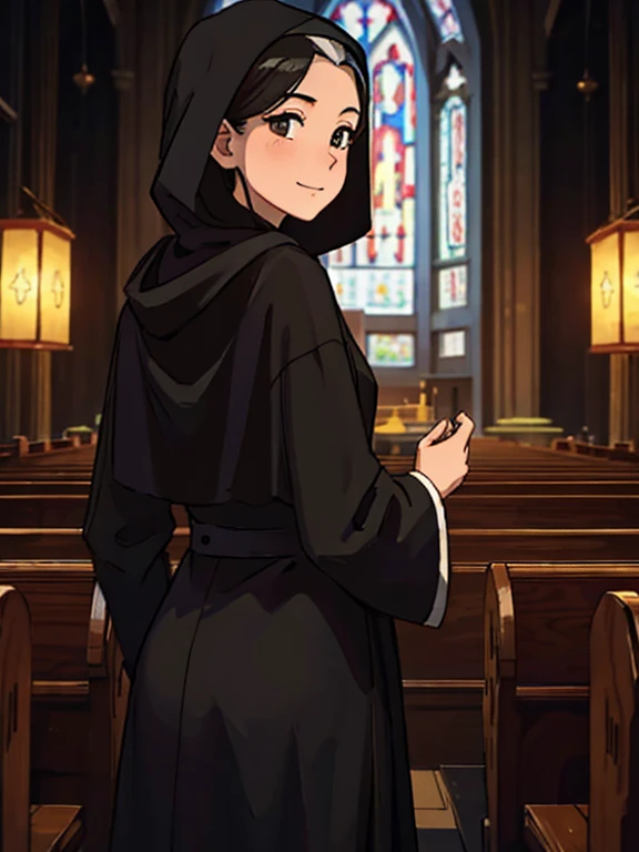 (    high quality, 50 years old  :1.2)。steampunk。      One girl。    short dark hair   。 , a nun in a cassock is tucked into her underpants from behind  。 hood  。  church 。 in front of the altar,  with his back to the viewer   。   she looks back at the view...