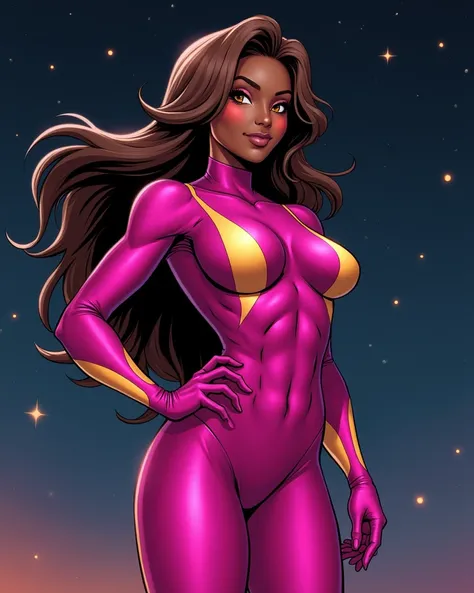  A character inspired by Atom Eve from Invincible ,  with a unique appearance . She has a dark or dark complexion ,  brown hair with golden reflections that simulate blonde lights .  She wears a fuchsia-pink suit that combines a modern and elegant superher...