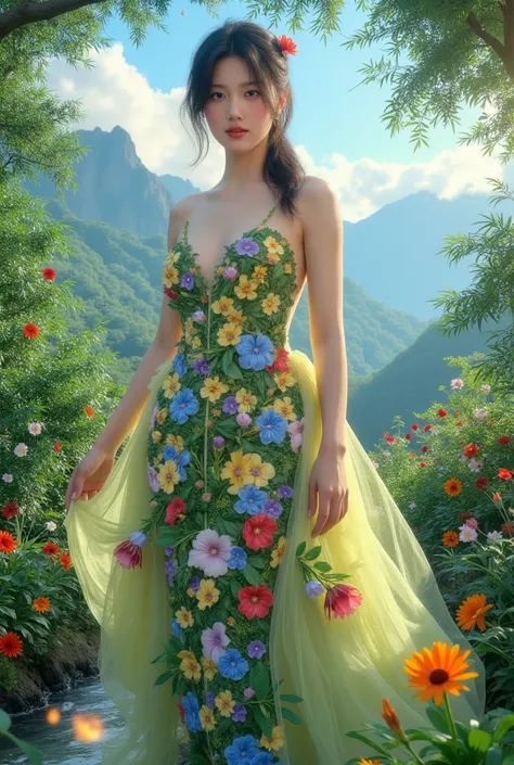 A Vietnamese woman with big breasts, wearing a dress made of flowers, under her feet and behind her is a forest of blooming flowers, with all kinds of flowers in many colors, each flower is blue, red, yellow, green, purple, with sunlight shining through th...