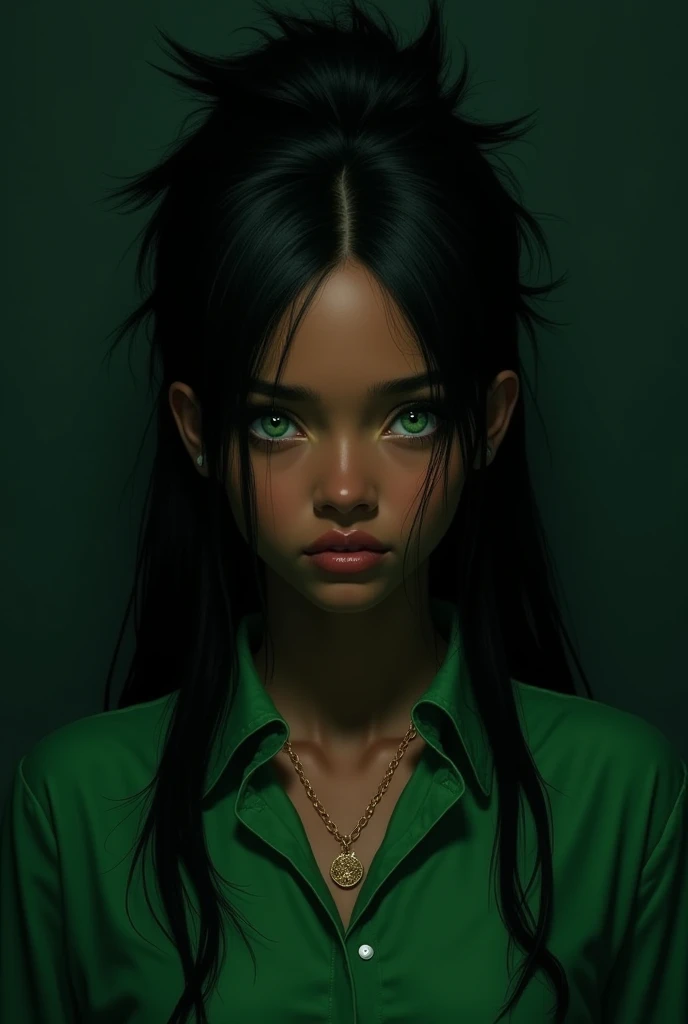 Draw a very dark darkskin girl with straight spikey very long hair with green eyes and a green shirt with a gold necklace 