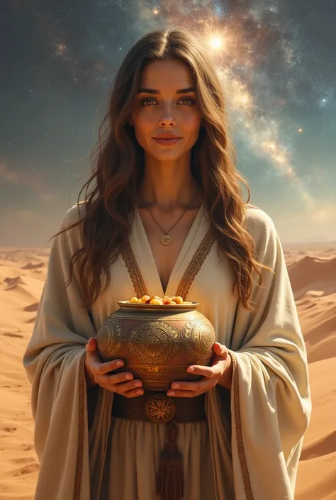  Beautiful girl with long wavy hair, dressed as a white Samaritan woman in desert style holding a cauldron and showing it to the spectator against a background of a future film with nebula