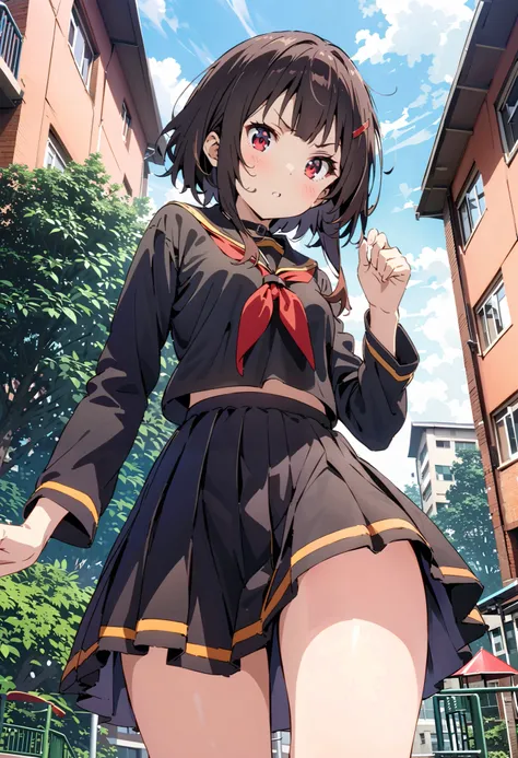 konosubaMegumin, Megumin,  short hair while on a business trip,   black hair,  red eyes,  short hair while on a business trip with long locks, angry ,Black sailor suit,黒色ミニプリーツ skirt , thigh high socks ,Brown loafers,  Super detailed-eyes,  simple backgrou...