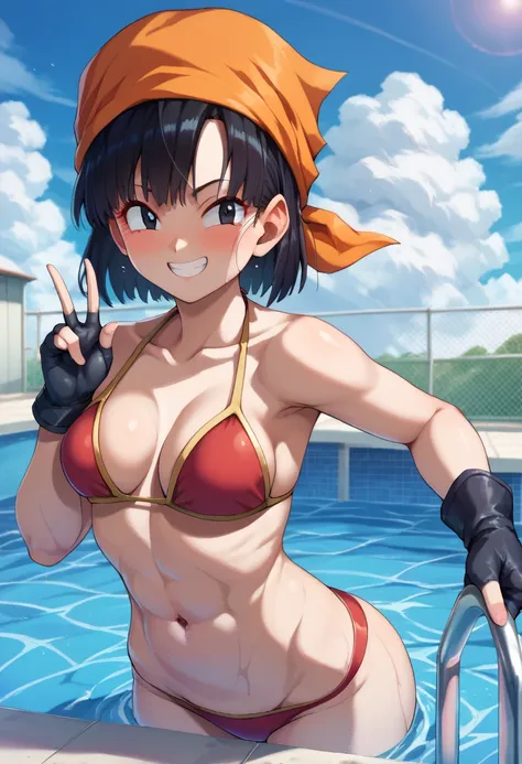 Score_9, Score_8_up, Score_7_up, Score_9,4k, HD, 8k, high resolution, antialiasing, texture, BREAK, panSDXL, 1 girl, alone, looking at viewer, blush, smile, short hair, tiny red bikini, black hair, gloves, navel, sexy mini bikini, :d, sky, day, black glove...