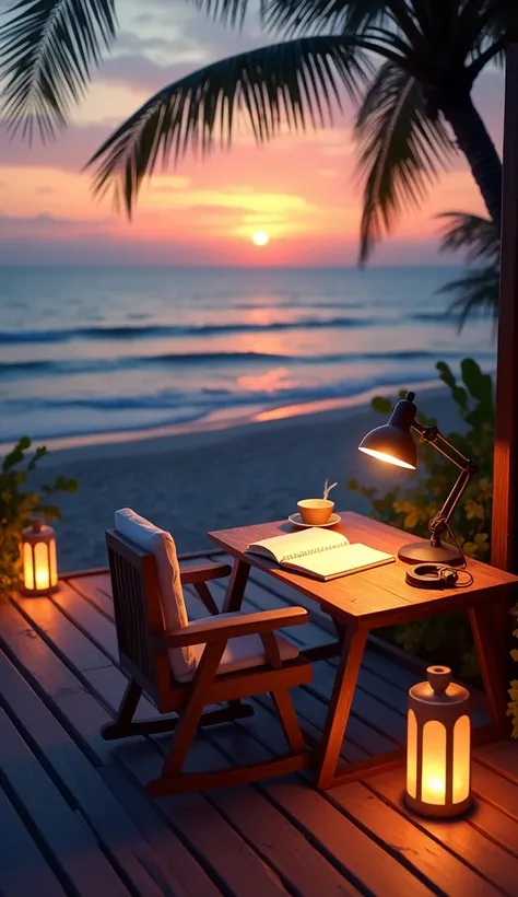 A cozy wooden deck overlooking a calm ocean during sunset, transformed into a relaxing lofi study setting. A comfy lounge chair is replaced with a small wooden desk and chair, featuring an open notebook, a steaming cup of coffee, and a glowing desk lamp. W...