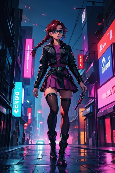 from below, BREAK,   Dystopian city with pink and purple neon signs and holograms,  projected onto buildings and sky  , BREAK,   A beautiful woman with a thin figure  , pomade ,   with purple glasses  ,   long red hair , double braid  ,   Short skirt  , BR...