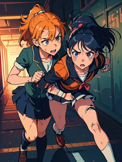    The latest anime style   , (  dynamic action  .   Dutch corner,    very dynamic cinematography  . ( 2 cute schoolgirls   \( different colors \)  Hard fight   ,   lots of scars and injuries on the body  ,   punch in the face ,   Kawaii design  ,    hardc...