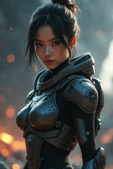 8k, UHD, Realistic, Beautiful, captivating, female super soldier of Asian descent from 20 and Back project, depending the kuiper belt from Draconian, heavily armored, 