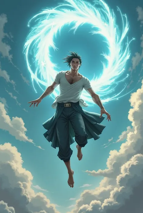 Slender-bodied man flying,  with a city in the background,  while you have a sphere of light shining near your hand (It has to be as lively as possible)