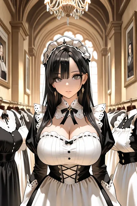 ((Best Quality)) ((Masterpiece)) (Realism: 1.2) (Details) Create a character, half of the body looking at the viewer, a woman, long hair, black long hair, long hair, and hanging from the shoulders to the sides, a lot of breasts on both sides, looking thick...