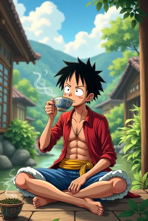 Anime character luffy drinking local tea