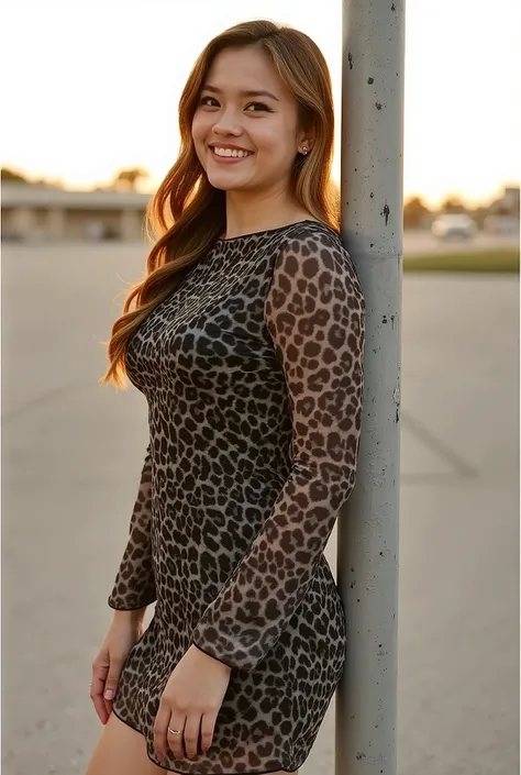 a cheerful filipino woman with long straight hair, leans against a metal pole.  Casual portrait, natural light, golden hour.  SHe wears a LeopardPrintDress. HER posture is relaxed and casual, leaning casually against the pole. The pole is tall, cylindrical...