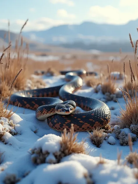 European adder snake, black and brown mixed markings color, cold plains grasslands with small patches of snow background, 8k , masterpiece