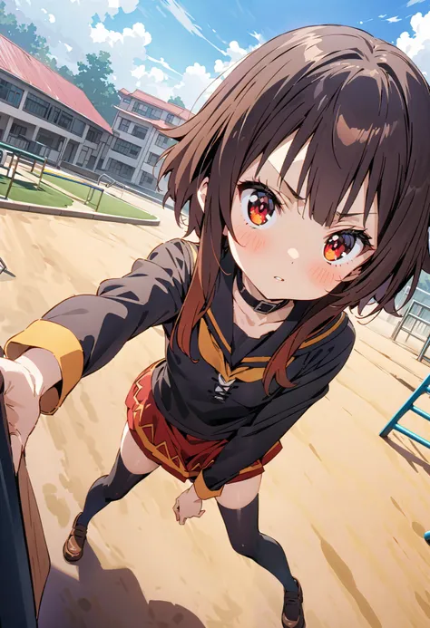 konosubaMegumin, Megumin,  short hair while on a business trip,   black hair,  red eyes,  short hair while on a business trip with long locks, angry ,Black sailor suit,黒色ミニプリーツ skirt , thigh high socks ,Brown loafers,  Super detailed-eyes, skirt めくり,black ...