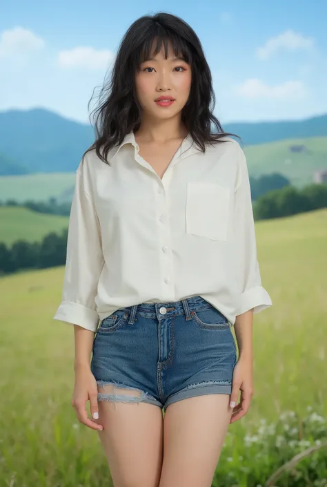 A 30 year old Japanese woman, white shirt, blue jean shorts, outside, countryside, full body, (8k, RAW photo, best quality, masterpiece:1.2), (realistic, photo-realistic:1.37),best quality, ultra high res, (photorealistic:1.4)