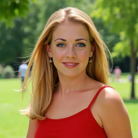   The image is a portrait of a young Sabrina posing for a photo ,   has blonde hair , long hair and blue eyes . She is wearing a red dress. It is in a park with green trees  ,  Picture of the upper body .  she is looking at the viewer .women,32 years old, ...