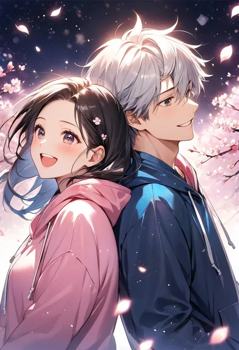 Man and woman laughing back to back（Men are shy） hoodie 、Cherry blossom background、Diamond particle light 