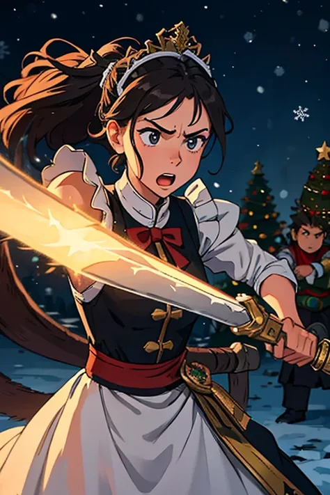   artwork ,   best quality  , 8 thousand.,   very detailed  , a maid girl with a sword and a big rat with a crown fight one-on-one, dynamics, movement, rage, Night,  Christmas tree background  , nutcracker