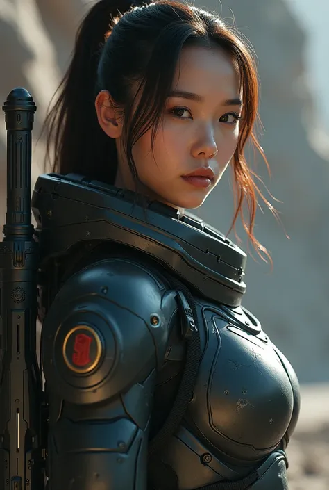 8k, UHD, Realistic, full body, Beautiful, captivating, female super soldier of mixed Asian and european descent from 20 and Back project, depending the Kuiper Belt from Draconian, heavily armored, advanced weapons, based on Planet X