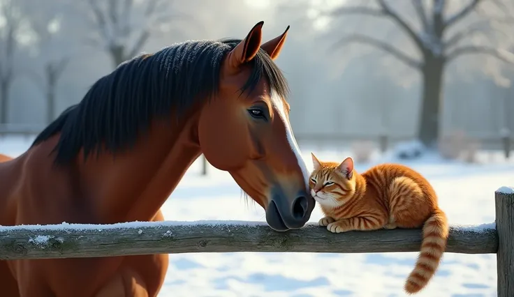 A hyper-realistic, photorealistic scene of a chestnut horse has blase and mane is short black standing inside a snowy pasture enclosed by a wooden fence. The horse gently presses its nose toward a red tabby cat sitting peacefully on top of the fence, which...