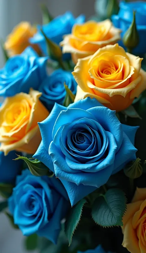 Macro, bouquet of blue and yellow, beautiful roses, Close up , in hyperrealistic close-up, CANON EOS , VERY CLOSE , bottomless