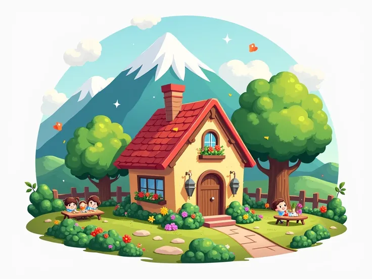 Make a logo of a garden house with a cute one-story house surrounded by trees, flowers, a party, an orchard where ren like to visit, look at flowers, look at the mountains, high in the back