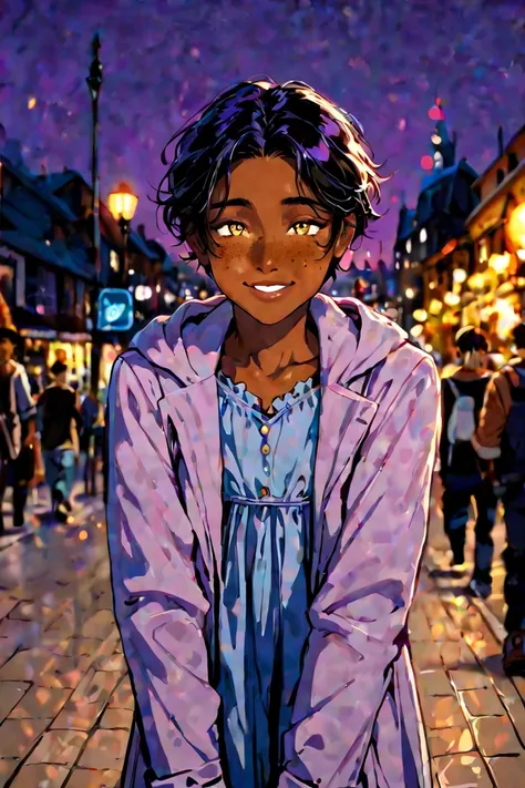 man, delgado, adult, short black hair , golden eyes and dark skin ,  androgynous face with freckles on the cheeks . Smiling at the spectator dressed in adorable and warm purple and blue clothes walking the streets at night with a sensual smile and flushed ...