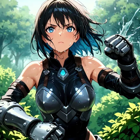 Masterpiece,  best quality , ( Dynamic Poses :0.5),   ridiculous ,  1 girl in the bush,   battle pose,  punch water, (Attacking with water:1.5)  wet close , Wet Hair, Wet Face, Water behind a person, Multicolored Hair, (wind:1.4),  mechanical huge Gauntlet...