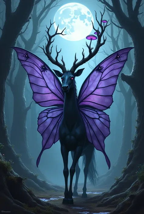 A Faye fantasy creature with purple butterfly wings, black antlers with mushrooms protruding from its body, black horse-like legs, a deserted forest background and a moon shining down.