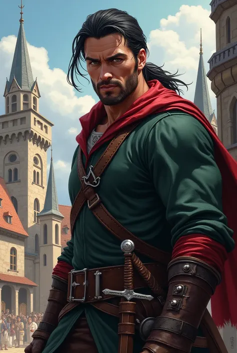 25-years-old man, An adventurer, a medieval warrior, stubble, ((white skin)), black hair, hair in a low ponytail, adventurous pose, dark green shirt with red accents, medieval clothing, a sheated sabre on his belt, pathfinder's kingmaker style, medieval ci...