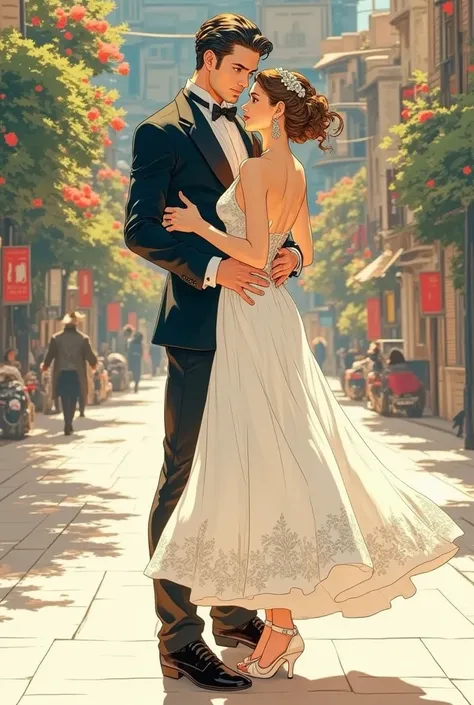 （masterpiece、   top quality   :1.2),  couple ,Latin ,  white skirt 、  simple tuxedo  ,   Beautiful muscles hugging a woman , beautiful hands, Delicate embroidery on the skirt 、  Focus on the woman's back  ,good posture, simple duxedo  ,  soft lighting   ,f...