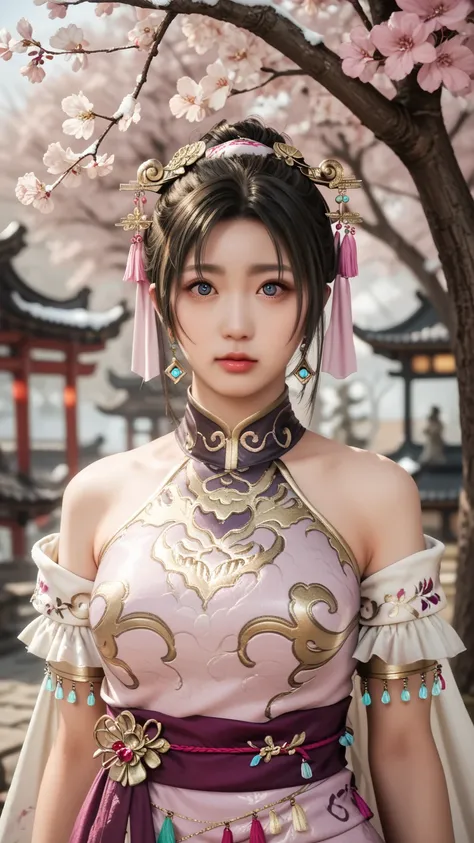 winter，Under the cherry blossom tree，An ancient woman，Delicate little face egg ， bright eyes ，Bangs, preauricular hair, 嘴唇微張, headgear， wears a pale yellow silk flowing fairy dress，