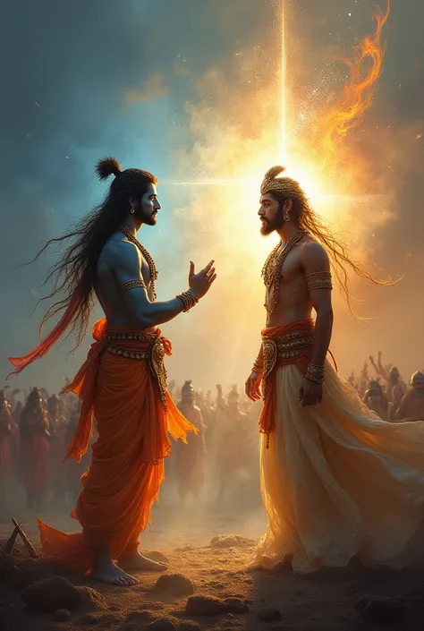 "A breathtakingly beautiful depiction of Lord Krishna and Arjuna on the battlefield of Kurukshetra.  Krishna, radiating divine light, gestures eloquently as he imparts the wisdom of the Bhagavad Gita to Arjuna, whose expression reflects both contemplation ...