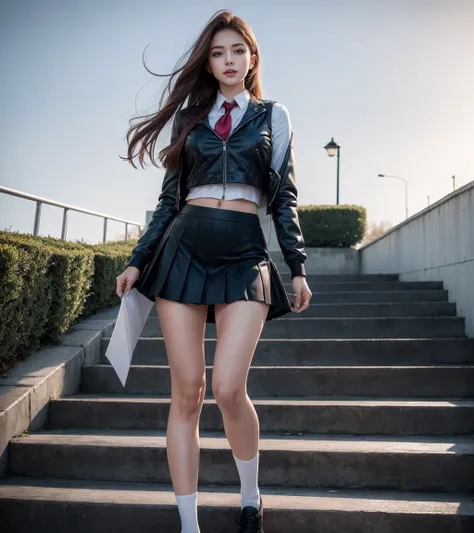  Woman on bicycle ，   Beautiful Women  ， Long brown hair，   Full shooting scene   ，  envelopes ，sunset，stairs，Windy， looking at the sky ，   Beautiful Women   ，  outdoor scene  ，   dark red hair，Natural landscape，caer，  leather jacket，Belly button burst ，so...