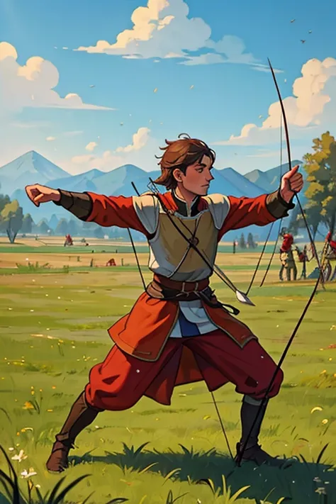  young Slavic peasant archer ,  archery during battle ,  battlefield landscape in Ancient Russia , 12th century n .e., Russian soldiers blocked the battlefield with red shields, prepared for battle,  high resolution, ( archery position : 1.2)